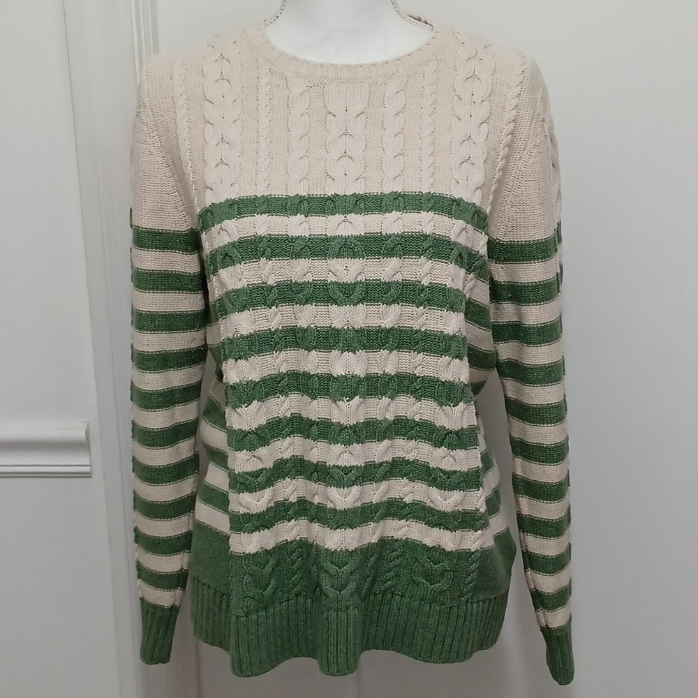 LL BEAN Womens Sz Lg Chunky Cable Knit Fishermen 100% Cotton Sweater Green Cream